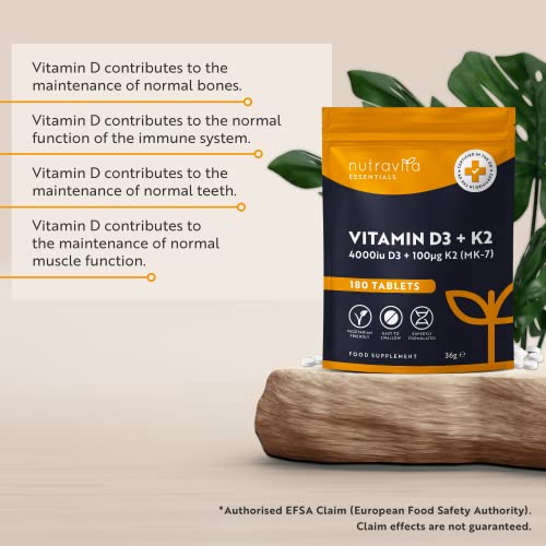 Vitamin D3 4000 iu & Vitamin K2 100μg (MK7) – 180 Vegetarian Tablets – 6 Month Supply - High Strength Vitamin D Supplement for Bones, Muscles & Immune System – Nutravita - Image 3