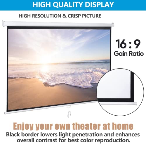 Image of 100 inch 16:9 HD Manual Projector Screen with Auto Lock Anti-Crease Home Theater Office Wall Mounted Ceiling Pull Down Projection 1.1 Gain Matte White, View Size: 87 x 49 inches