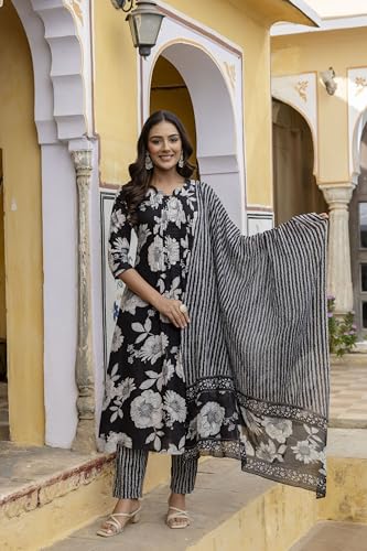 Image of NIVANA Floral Printed Kurta with Pant & Stripe Printed Dupatta | 3 /4 Sleeves | Round Notch Neck Button Detail