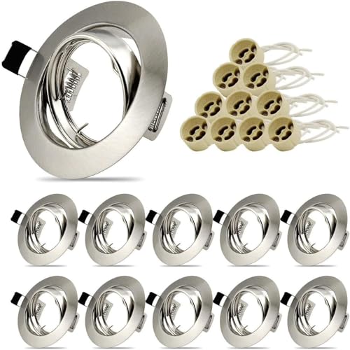 Allesgute 10x Modern GU10 Downlights for Ceiling Round Brushed Chrome Metal Frame for Recessed Ceiling Lights 30° Tilt Spotlight with Lamp Holders, Outer Diameter: 90mm, Cutout Ø68-85mm, No Bulbs