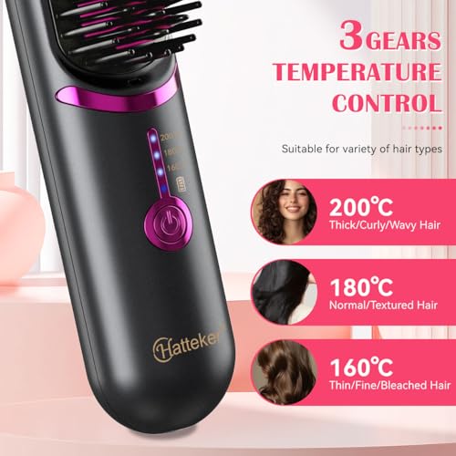 Image of Hatteker Cordless Hair Straightener Brush, Portable Hair Brush for Travel | Straightening Brush Cordless with 3 Temperature Settings, Mini Ionic Hot Comb Straightener for Women (Black)