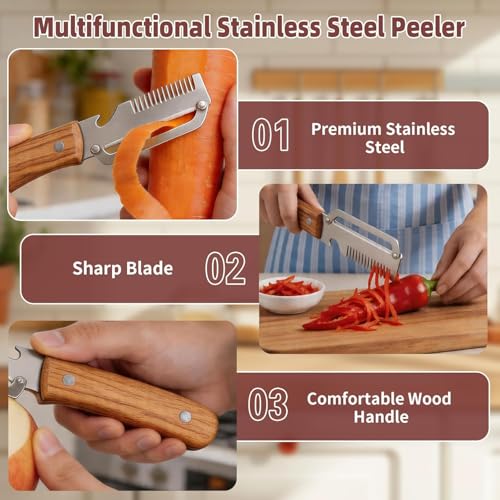 Image of Multifunctional Vegetable Peeler, 3 in 1 Julienne Peeler with Wooden Handle, Vegetable Shredder with Bottle Opener Kitchen Tool for Peeling Veggie Fruit Pineapple Pumpkin Papaya Carrrot(2 Pack)