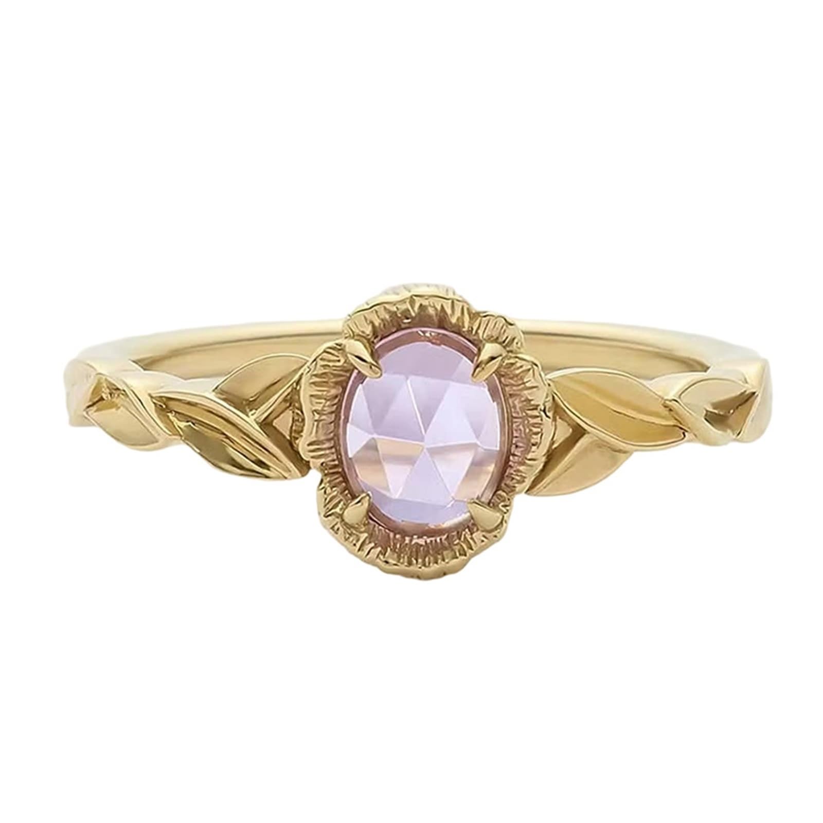 Alianzas de oro amarillo de 9 K/14 K/18 K con amatista ovalada, diseño vintage de hojas
