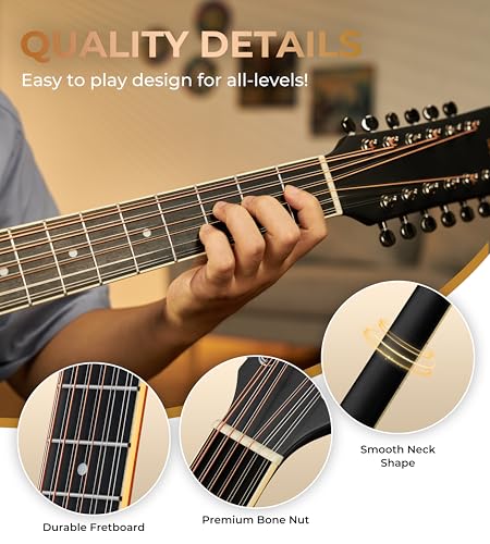 Image of Vangoa 12 String Guitar Acoustic Electric, Upgraded Guitar 12 Strings Bundle for Beginner Intermediate Adults Teens, Guitarra de 12 Cuerdas, Spruce Top Bone Nut, Black, Matte