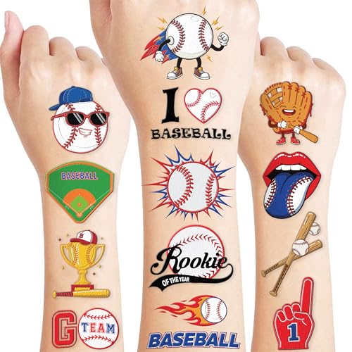 96 PCS Baseball Sports Pre-Cut Temporary Tattoos for Kids | Super Cute Baseball Themed Birthday Party Favors, Supplies, Decorations, Fake Tattoo Stickers (multiple)