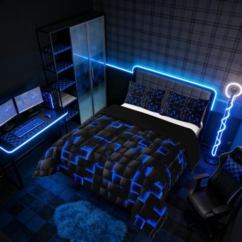 Image of Erosebridal Neon Black Blue Boys Comforter Set Toddler Size Geometric Checkered Kids Bedding Set Teen Men Gaming Room Decor,Abstract Ombre Plaid Comforter Grids Quilt Duvet