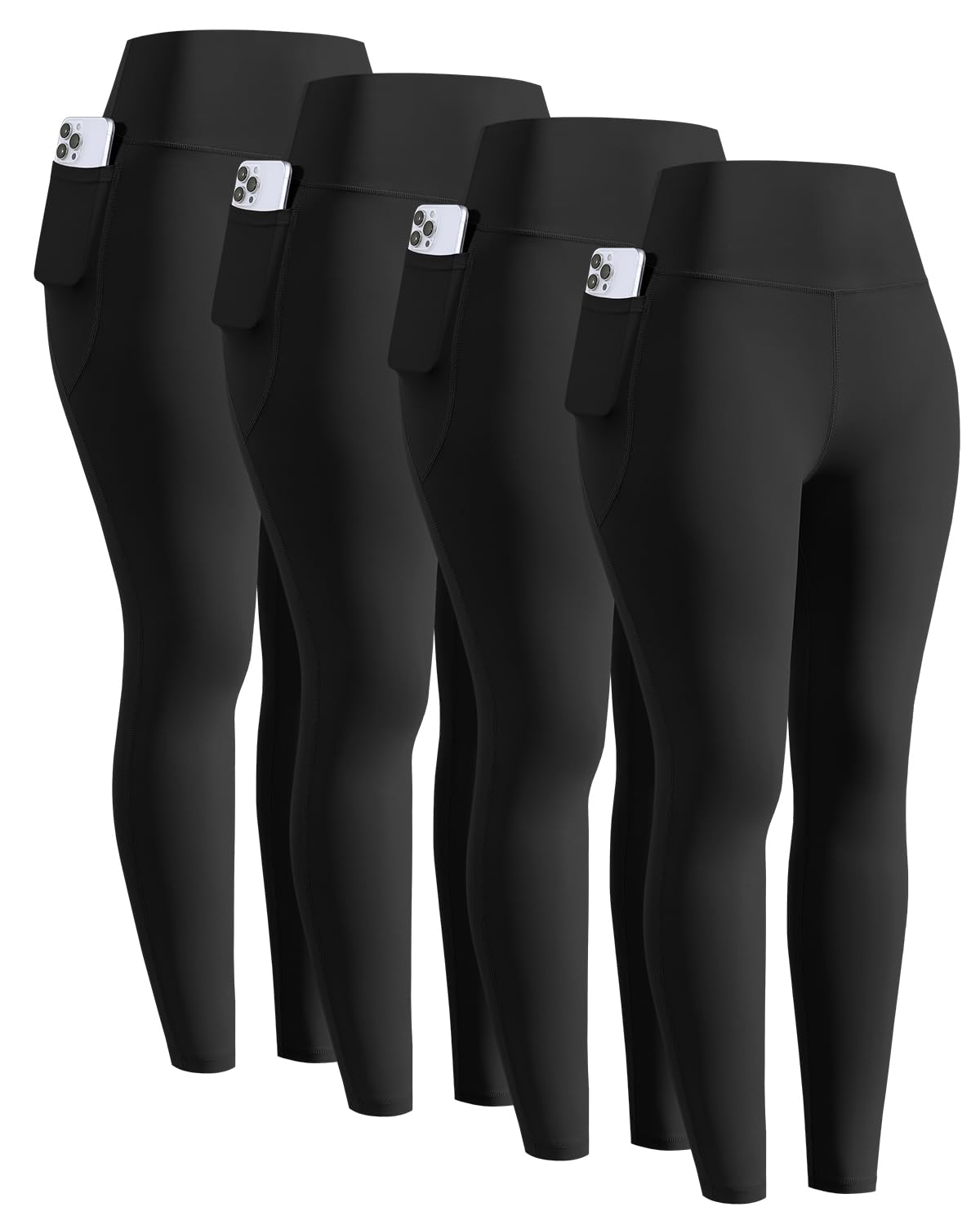 ATTIQOZI 4 Pack Sportleggings Mädchen Lang Mit Handytasche Komfortable Hohe Taille Sporthose Elastisch Yogahose Kompressionsleggins Tanzhose für Jogging Gymnastik