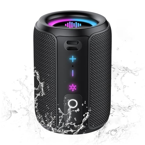 Altavoz Bluetooth Potente 5.4, 15W Pequeño Portatil Altavoz Bluetooth, Luces LED de Colores Inteligentes, 360° Sonido Estéreo TWS, 12H de Reproducción, Impermeable IPX7, para Exterior/Viajes/Fiestas