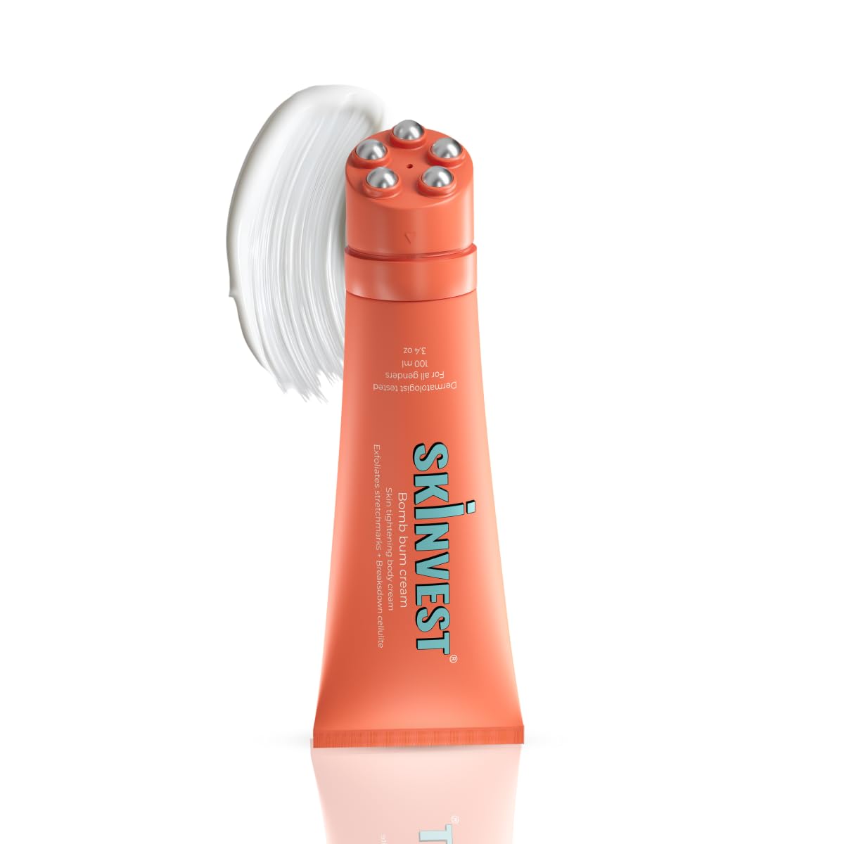 Skinvest Bomb Bum Cream for Stretch Marks & Cellulite | Pregnancy-Safe Body Tightening Cream with Caffeine & Peptides | Built-In 5-Ball Massager for Firming, Smoothing & Elasticity | 100ml