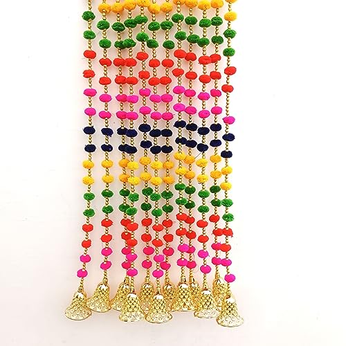 Image of DSCYENTES Pom Pom Door Side Hangings for Decoration, Ganesh Chaturti Decoration, Wall Hanging for Main Entrance,Temple Pooja Room, Stylish & Handmade Diwali Hanging (4 Feet, 2 Pc's)