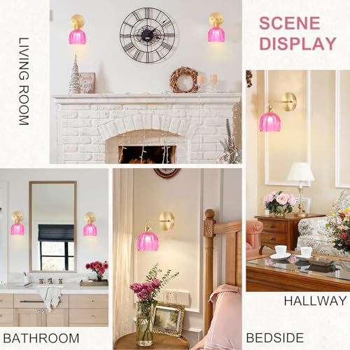 Image of Hardwired Wall Sconce Light, Vintage Wall Sconce with Switch, Gold Wall Light Fixture with Tulip Ruby Red Glass Lampshade, Indoor Wall Light for Bedroom Bathroom, Bedside Wall Lamp