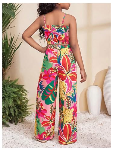 Image of Floerns Girl's 2 Piece Outfit Hawaiian Tropical Crop Cami Tops and Boho Pants Set