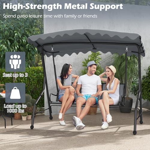Image of Tangkula 3 Person Porch Swing, Patio Swing with Adjustable Canopy, Heavy-Duty Metal Frame & Breathable Seat, Outdoor Metal Swing for Backyard, Poolside, Balcony, Garden, 1000 lbs Max Load (Grey)