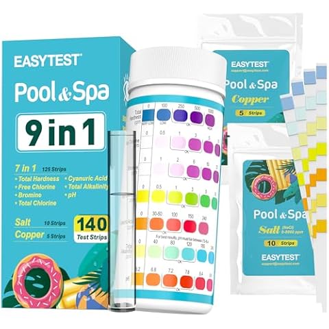 EASYTEST 9-Way Pool Test Strips, 140 Strips for Hot tub and Spa, Accurate Testing pH, Total Chlorine, Free Chlorine, Bromine, Alkalinity, Total Hardness, Cyanuric Acid, Salt and Copper Cover