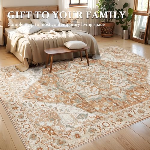 Deerly Vintage Area Rug 5x7 Boho Washable Large Living Room Bedroom Rugs Non Slip Low Pile 5x7 Rug for Kitchen Entryway Bedroom Dining Room Office, Caramel/Beige/Multi