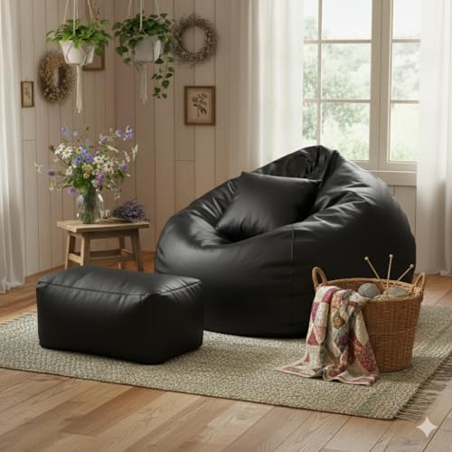 Image of Luxury 5XL Jumbo Bean Bag with Footrest & Cushion | Premium Leatherette | High-Density Beans Filled | Heavy Duty Double Stitch | 6 Months Warranty Color- (Navy Blue) (Black)