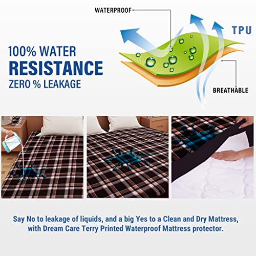 Image of Dream Care Waterproof Fitted Terry Cloth Printed Mattress Protector for King Size Bed with Elastic Strap - 75 inchX72 inch, Brown
