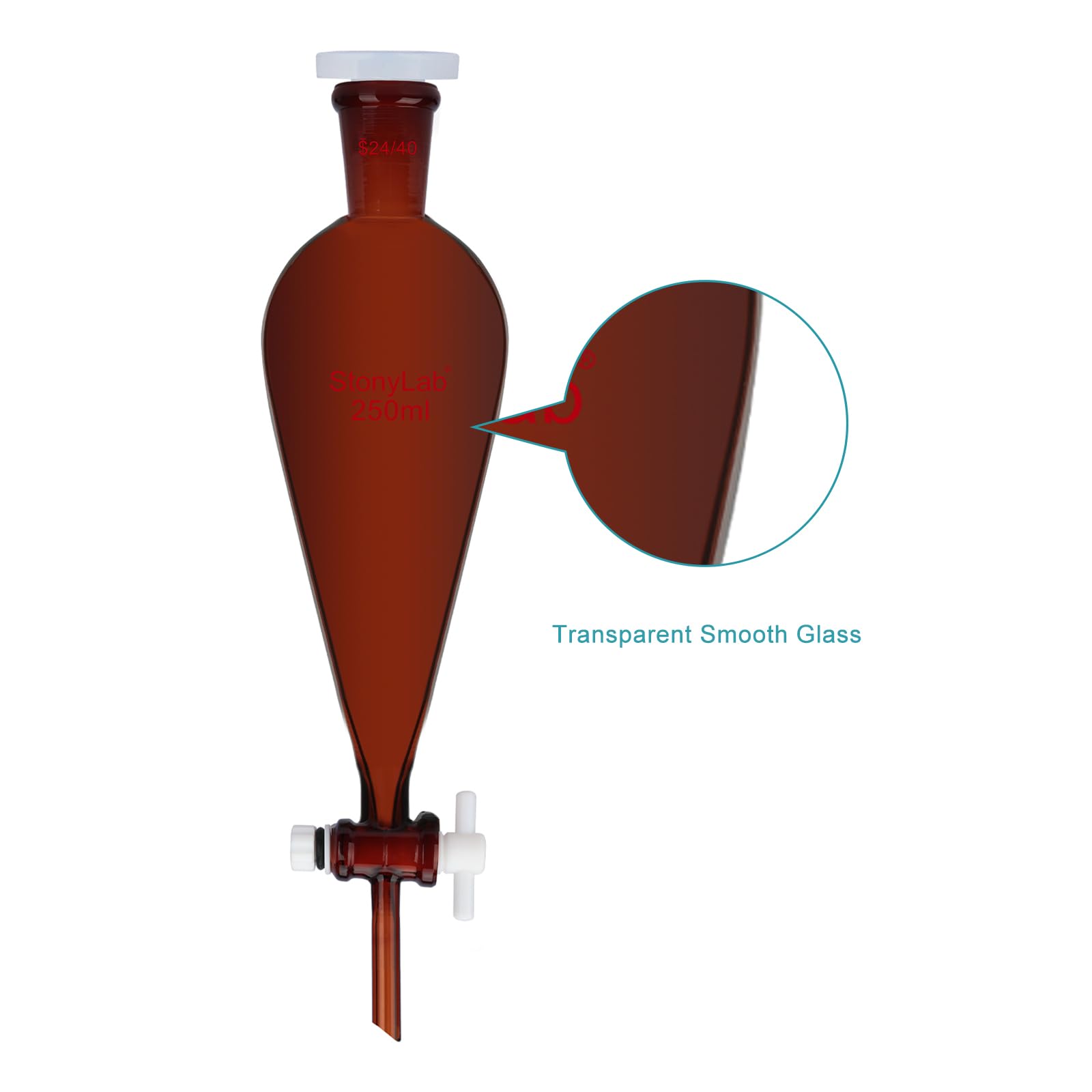 stonylab Entonnoir Séparateur Marron, Forme Conique à Parois Épaisses, Joint Rodé 24/40, Robinet en PTFE, Verrerie de Laboratoire en Verre Borosilicaté, Résistant aux Produits Chimiques, 250 ml