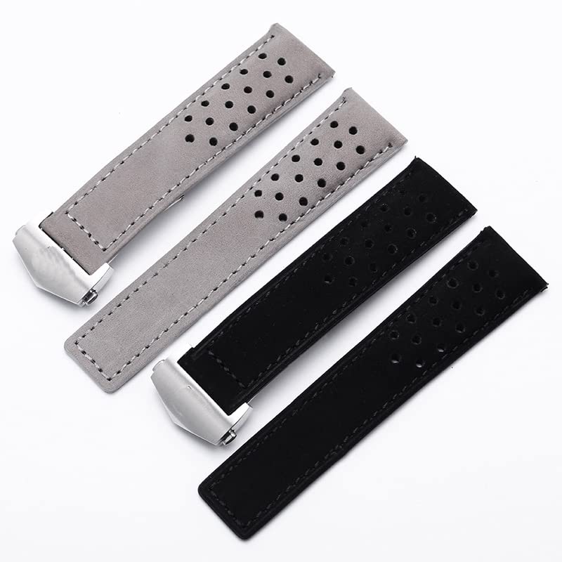Genérico Correa De Piel Auténtica, Cierre Desplegable, 20 Mm/22 Mm, Piel De Vacuno Italiana, Talla única, Ajustable (Black Silver 20mm)
