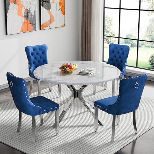 Image of 5-Piece Round Dining Table Set for 4, Modern Faux Marble Kitchen Table and Blue Velvet Chairs Set of 4, Luxury 45 inch Circle White Silver Dining Room Tables with Stainless Steel Cross Legs