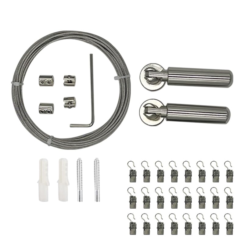 HaiFanWJ Cord Hanging System Wall Mounted Cord Set Stainless Steel 16.4 Ft (5 M) Tension Wire Window Clothesline Designed for Balconies and Bathrooms Complimentary 24 Hooks (Silver)