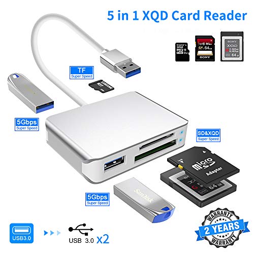 USB 3.0 XQD Lecteur de Carte, Rocketek 5 en 1 en Aluminium, Carte mémoire Lecteur de Carte SD TF XQD, kit de Connexion de caméra USB avec 2 Ports USB 3.0 Hub USB Compatible avec Windows, Mac, Linux