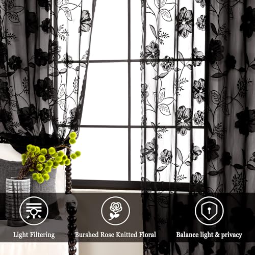 Image of Treatmentex Black Lace Curtains 63inch Rose Floral and Leaf Sheer Decorative Window Curtains for Living-Room Bedroom Vintage Leaf Knitted Lace Sheer Curtain Panels 54 inch w 2pcs Rod Pocket