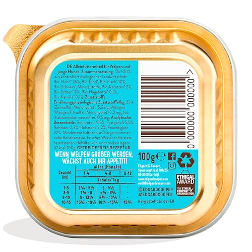 Edgard & Cooper Bio-Nassfutter für Welpen – 17 x 100 g – Huhn und Fisch – getreidefrei, frisches Fleisch und nahrhafte Innereien