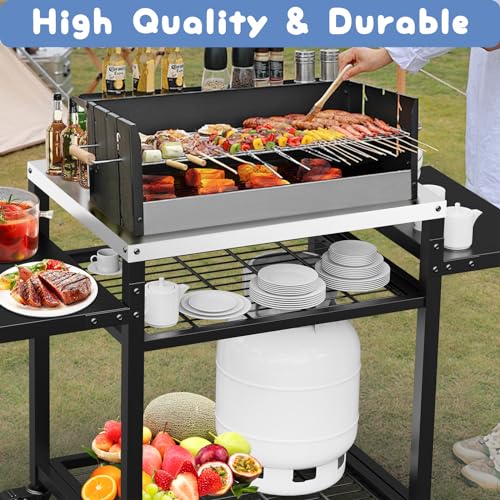 Image of 42 inch x 20 inch Three-Shelf Grill Cart, Outdoor Grill Table with Pizza Oven & BBQ Grill Stand