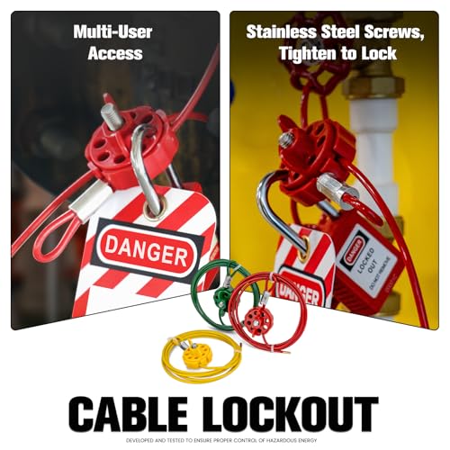 Image of Lockout Tagout Cable Lock | 0.16'' x 78'' Adjustable Loto Locks | PVC-Coated Steel Cable for Valves & Panels | OSHA Compliant | Yellow, 2Pack