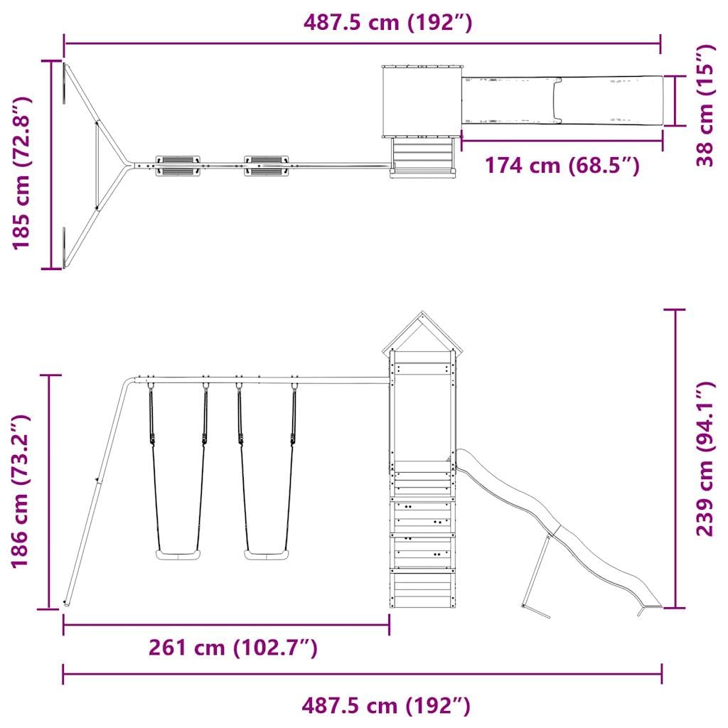 Wieża do zabawy z impregnowanego drewna sosnowego ze zjeżdżalnią, podwójną huśtawką, piaskownicą i platformą 118 cm, zabawka ogrodowa dla dzieci w wieku od 3 do 8 lat, do ogrodu, na podwórko