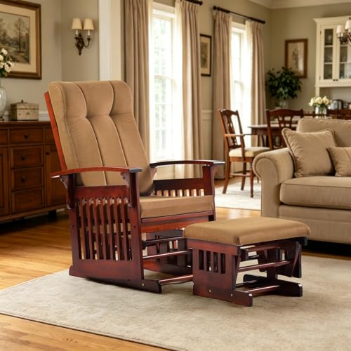 Image of Solid Wood Glider Rocking Chair & Ottoman Set, Perfect for Nursery & Nursing, Padded Cushion with Smooth Rocking Motion, Rustic Finish for Living Room Napping and Reading,Dark Brownish