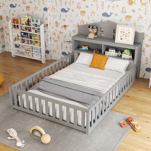 HUMEHA Full Size Montessori Floor Bed with Headboard Bookcase and Storage Shelves, Kids Full Floor...