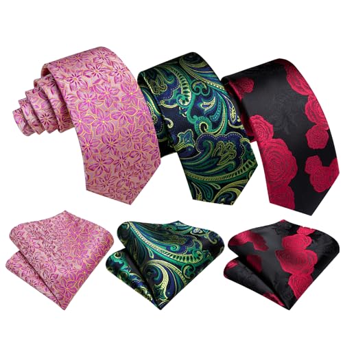 Image of Barry.Wang 6 PCS Men Ties Set Silk Business Fashion Woven Necktie Handkerchief Cufflinks Paisley Stripe Wedding Party
