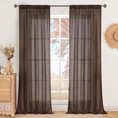 Image of BGment Brown Linen Curtains 84 Inch Length for Living Room, Semi Sheer Window Drapes Lightweight Rustic Textured for Farmhouse Bedroom Office Decor Rod Pocket, 2 Panels Set, Each 42 Inch Wide