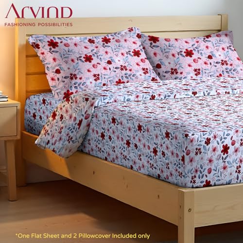 Image of Arvind Bedsheet Set - 100% Cotton Bedsheet for Double Bed (1 Queen Size Bedsheet with 2 Pillow Covers) Soft Breathable, 144 Thread Count - Slumber -Shade 7 (21029-A)