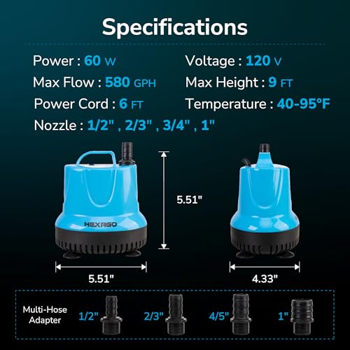 Image of Hexago 580GPH Submersible Water Fountain Pump, 60W Small Sump Pump with 9FT High Lift, Aquarium Pumps for Outdoor Pond, Hydroponic, Statuary, Waterfall, Aquarium, Fish Tank