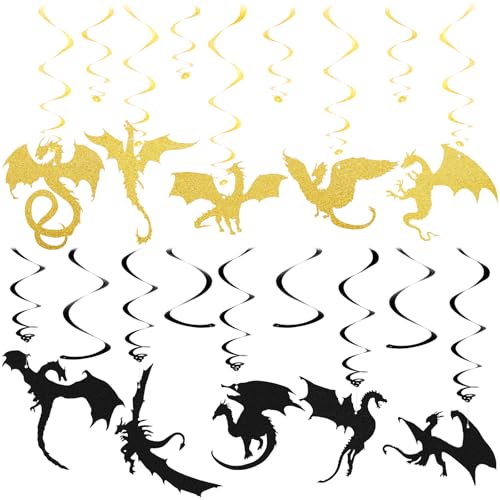 Image of Sumind 30 Pcs Dragon Hanging Swirls Party Decorations, Black and Gold Dragon Ceiling Hanging Decor for Medieval Fantasy Themed Birthday Party Supplies, 10 Designs