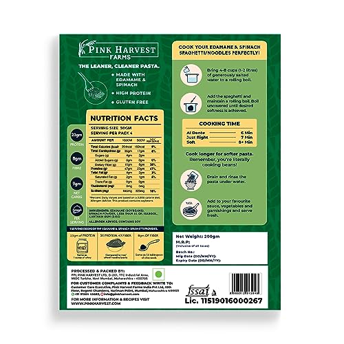 Image of Pink Harvest Farms Edamame & Spinach Spaghetti Noodles | No Rice - No Maida | Vegan | Gluten Free | High Protein | Keto | 3 x 200gm Pack