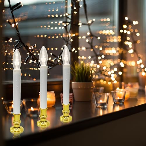 Image of Oviejo 4 Pack Christmas Electric Candles, Electric Candle Lamps with Gold Base, Christmas Window Candles with 6-18 Timer On /Off for Home Table Weddings Holiday Decor