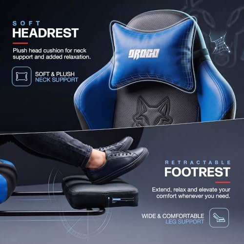 Image of DROGO Alpha-X Ergonomic Gaming Chair with Footrest | Premium PU Leather with 135 Recline | 2D Padded Armrests | Computer Chair for Study | Office Chairs for Work from Home with Neck Support (Blue)