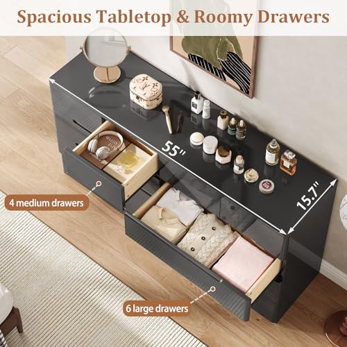 Image of 10 Drawer Black Dresser for Bedroom, 55 inch Long Dresser Chest of Drawers,Large High Gloss Modern Storage Cabinet with Big Drawers Handle Free,Living Room, Entryway, Hallway