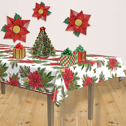 Image of Beistle Poinsettia Tablecovers, 54 inch x 108 inch, 2 Pieces - Plastic Table Cloth, Rectangular Tablecloth, Table Covers for Party, Holiday Party Supplies, Christmas Decorations