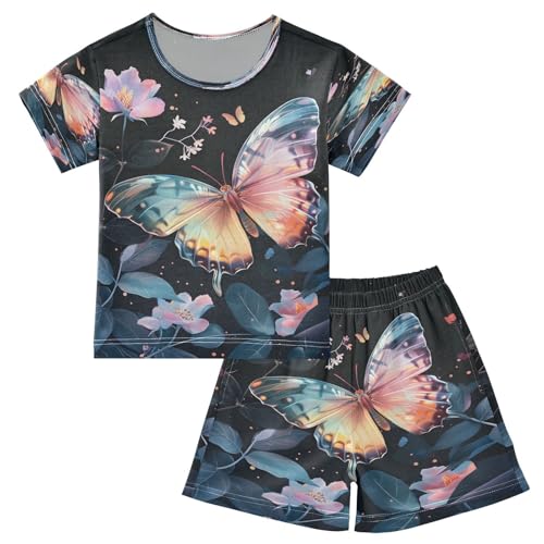 senya Short Sleeve Pajamas Sets Summer Cotton Sleepwear Colored Butterfly Surrounded by Floating Spring Leaves