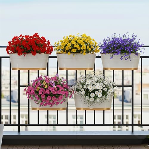 Image of EXALT 12 inch Oval Metal Railing Planter Set Premium Anti-Rust Balcony Hanging Flower Pot Outdoor Indoor Decorative (White Gold Pack of 5)