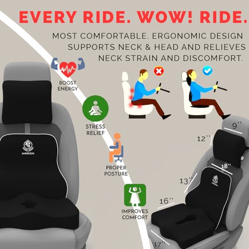 Image of MRRON Memory Foam Posture Corrector Car Seat Cushions Combo | Orthopedic Backrest, Coccyx Cushion & Neckrest | Ergonomic Lumbar Comfort Seat Cushion | Reduces Sciatica, (Black, Long Back)