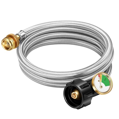 6 FT Propane Hose Adapter 1lb to 20lb Stainless Braided Propane Tank Hose 1lb Portable Appliance to 5-40lb QCC1/Type1 Tank Propane Adapter Hose with Guage for Portable Heater Camping Stove Gas Grill