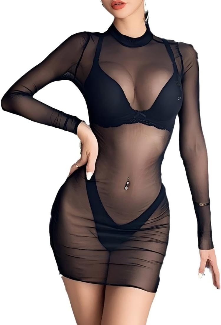 BIGFOX Women's Sheer Mesh Dress Sexy See Through Long Sleeve Bikini Cover Up for Pool Party Beachwear Club Party Dress