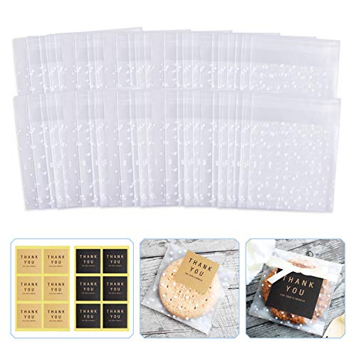 Self Adhesive Cookie Bags Cellophane Bags Treat Bags with Thank You Labels for Gift Giving Bakery, Candy, Cookie, Chocolate, Thank You Cookie Bags for Gift Giving with Stickers 100 Pcs