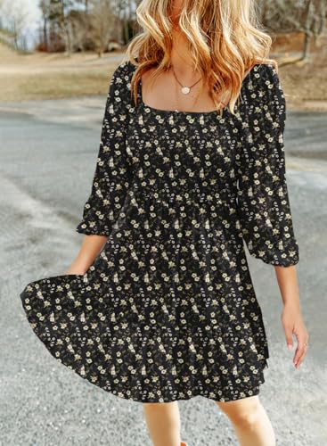Image of Dokotoo Fall Dresses for Women 2025 Boho Floral Square Neck Smocked 3 /4 Sleeve Casual A-Line Swing Mini Dress Sundress